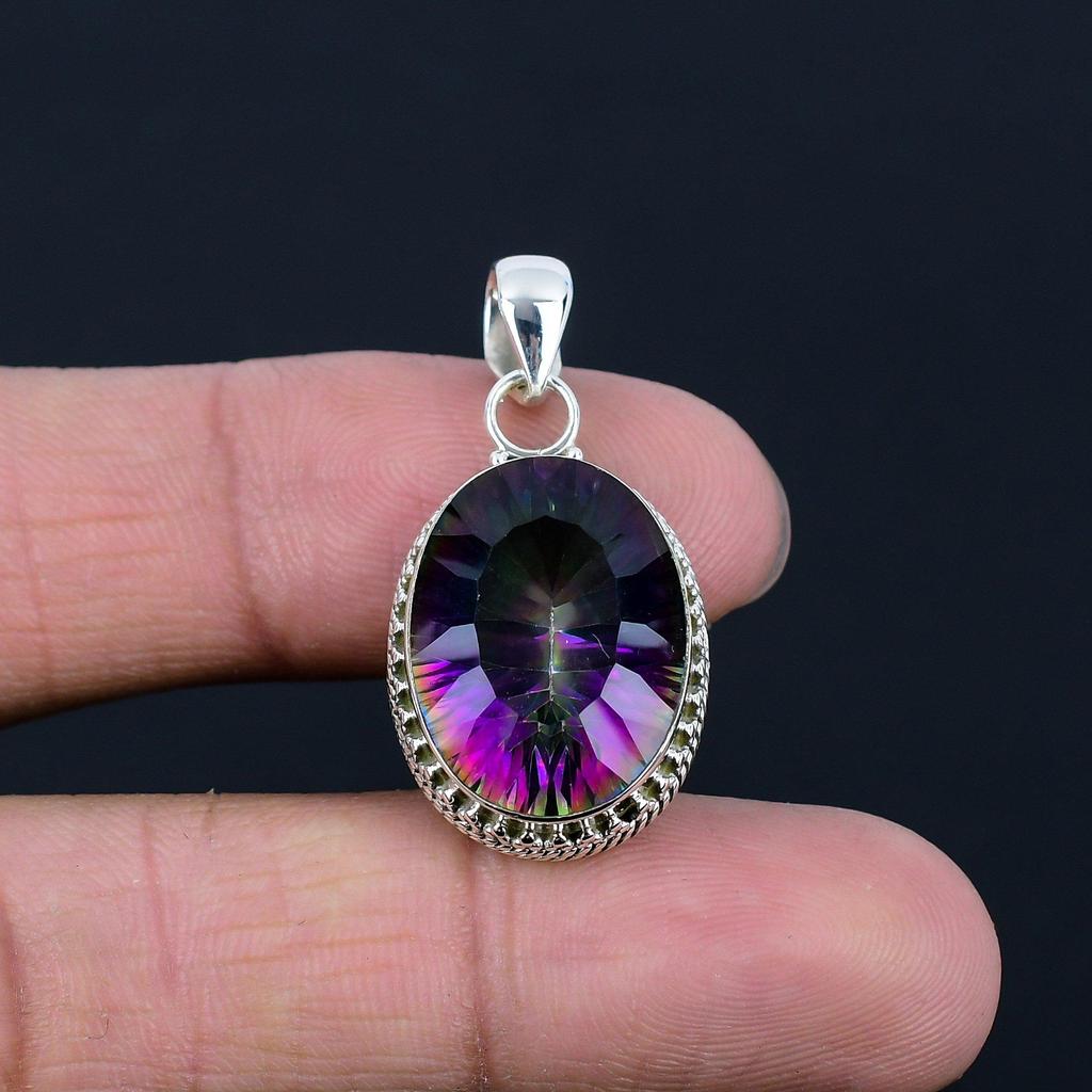 Natural Mystic Topaz Gemstone, 925 Sterling Silver, Multicolor Gemstone, Handmade Bezel Set Pendant Jewelry, Valentine's Day Gift For Love