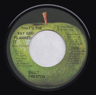 7inch Record BILLY PRESTON - That's The Way God Planned It 1808 Apple Records 1972 UK Soul/Funk Used