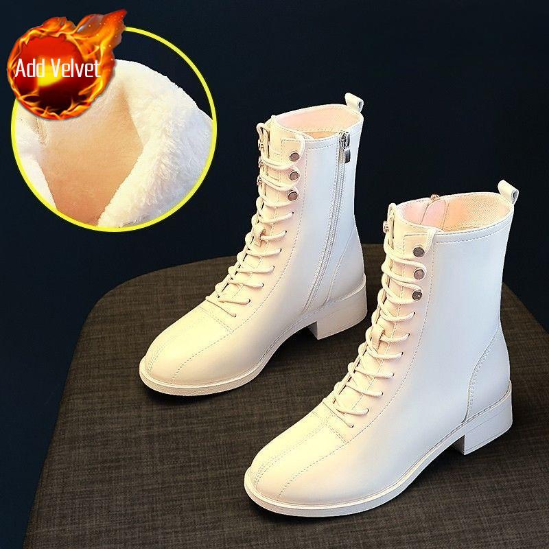 Middle Heel Lace-Up Round Toe Women'S Half High Boots Autumn Winter Fleece-Lined Trend  Y2K Gothic Ladies Mid Calf Shoes