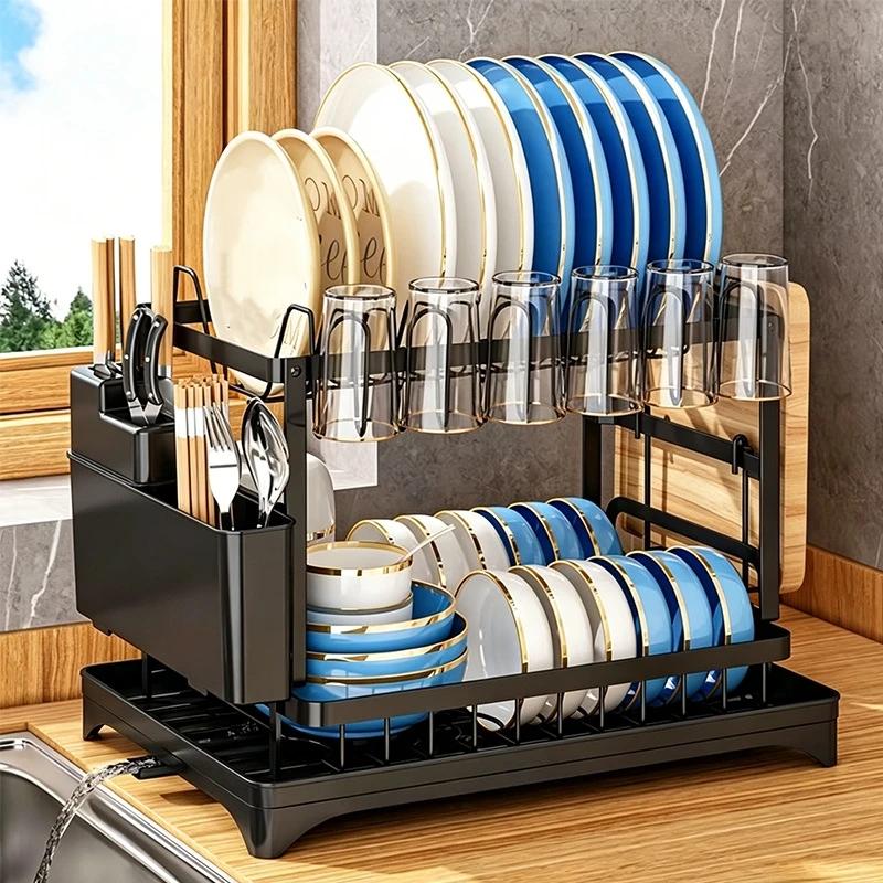 2 Tier Metal Dish Drying Rack With Utensil Cup Holder And Drainboard For Kitchen Countertop Storage Organization
