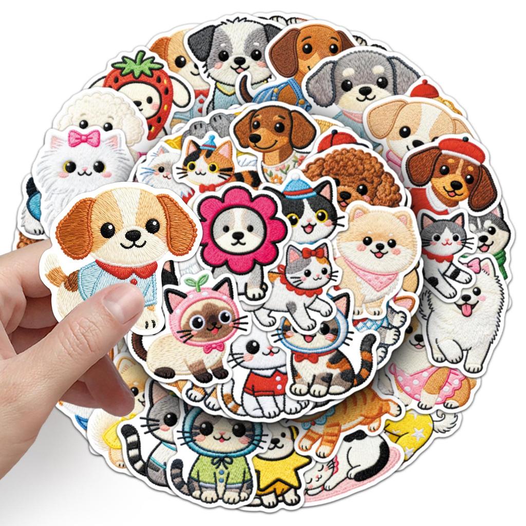 56PCS Cute Animal Stickers - Embroidered Cartoon Cat & Dog Designs for Earphones, Water Bottles, Stationery, and Guitars