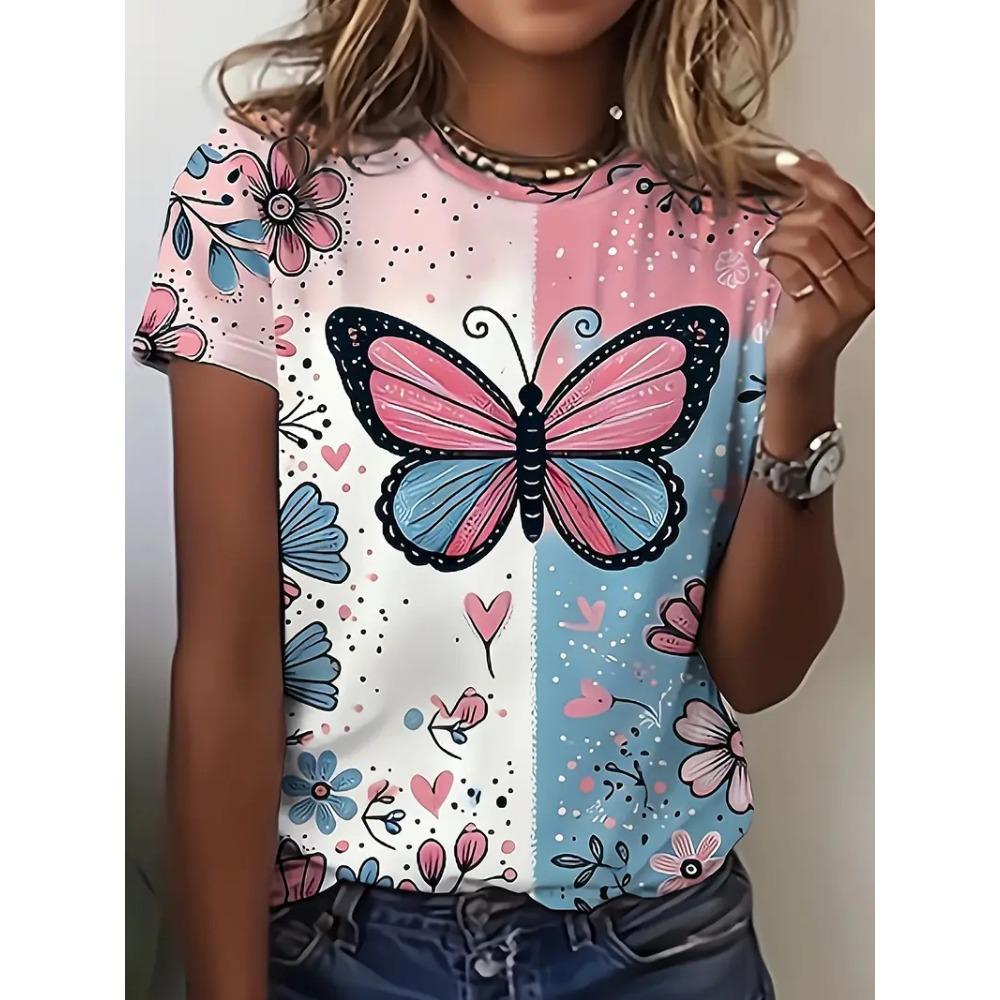 Butterfly Women's Round Neck  Summer Outdoor Fashion Short Sleeve Tops Flower Printing OverSized