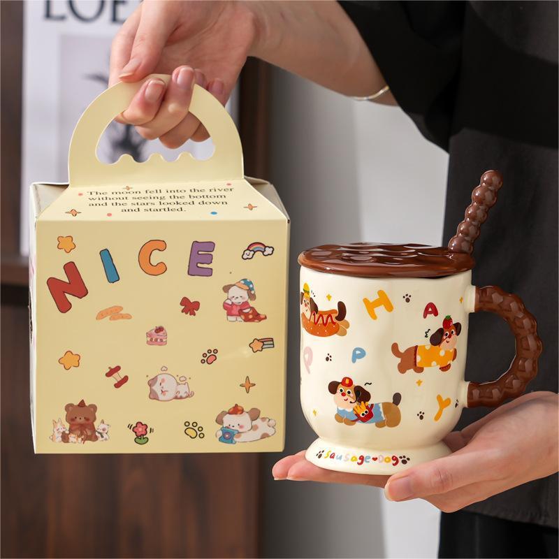 Cute Dachshund Dog Ceramic Mug with Lid Spoon Household Water for Breakfast Coffee Milk Cup Practical Birthday Gift
