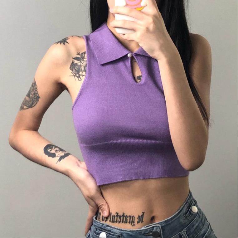 New Summer Short Lapel with A Button Hollow Knitted Sleeveless Vest Simple Ins Body Top