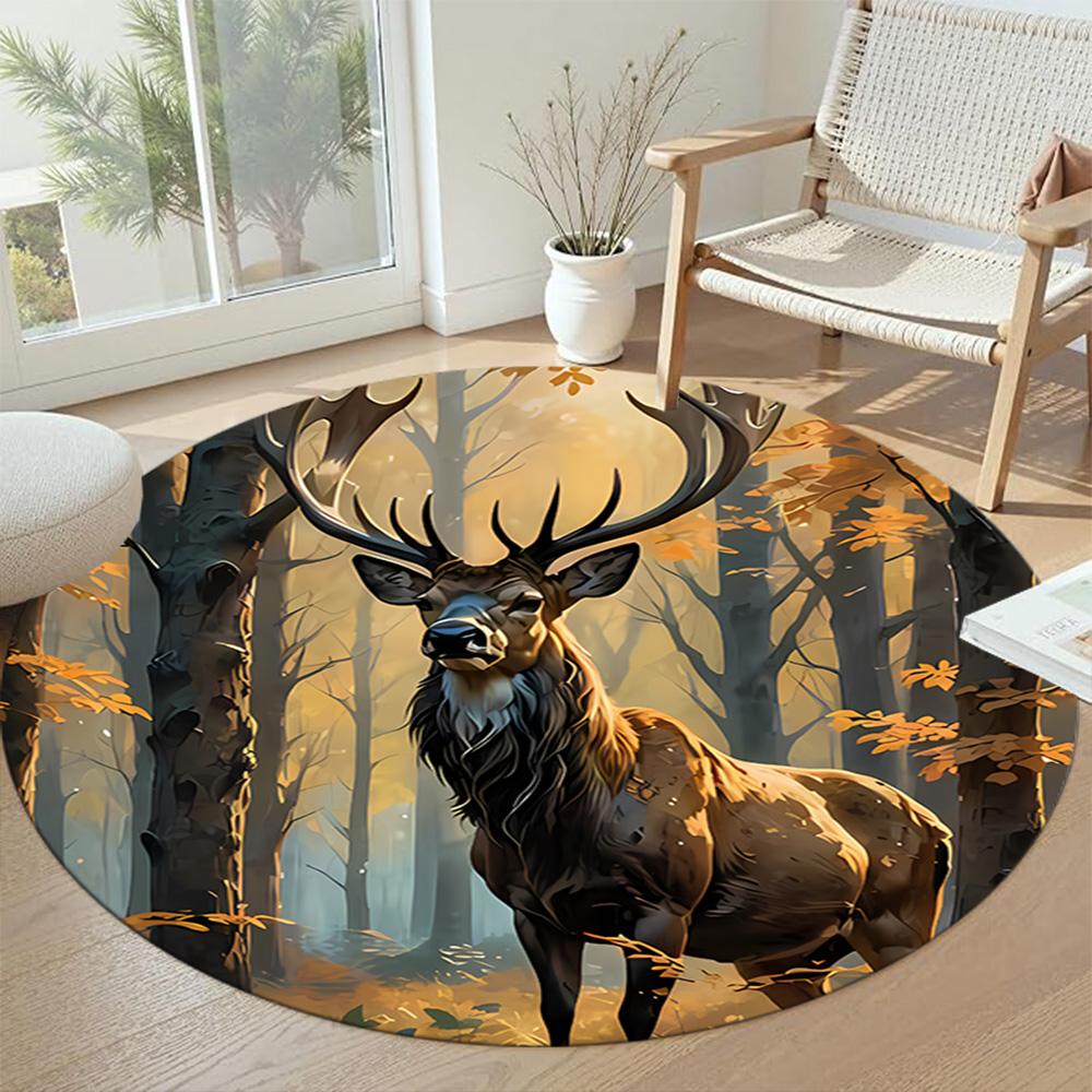 Elk Round Floor Mat Design for Dining Room Entryway Bedrooms Game Room Anti-slip Round Rug Decorate Offices Perfect Gift for Friends Family