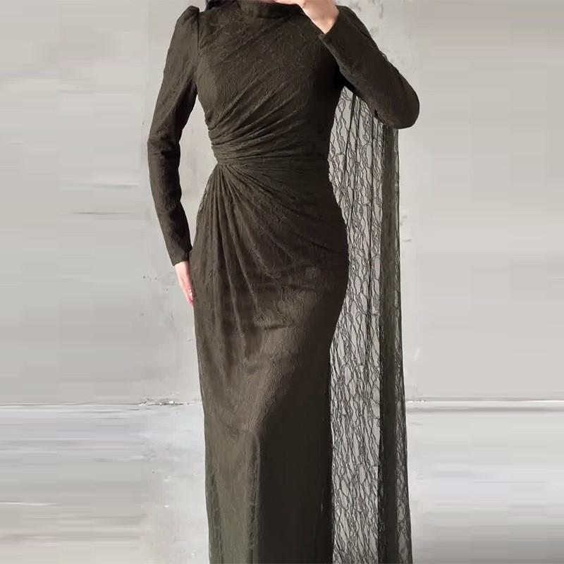 Elegant Green Lace Wrap Cardigan Sleeve Long Dress Women 2026 Waist Cinched Midi Maxi XS