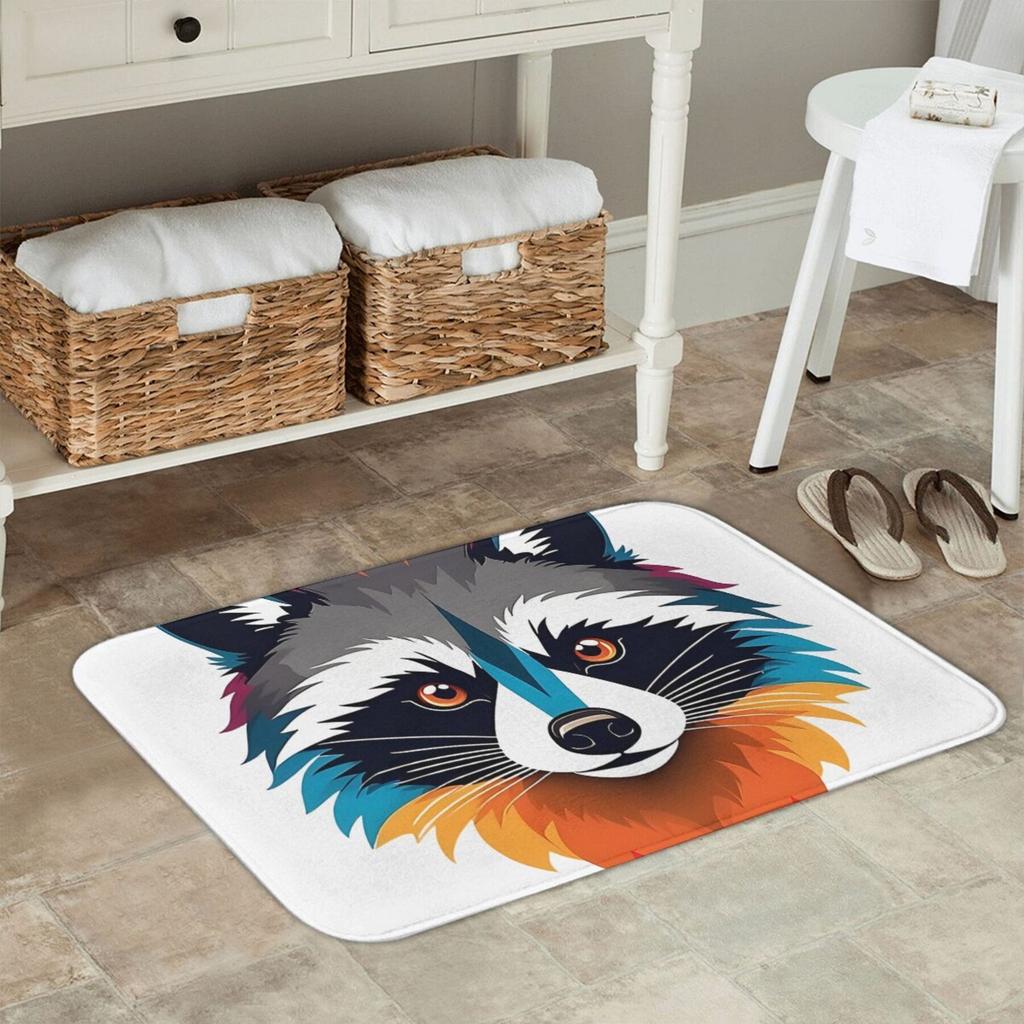 Light Gray Mat with Raccoon Illustration in Colorful Gradient Fur, Polyester Rug for Indoor Home Decor 1PC