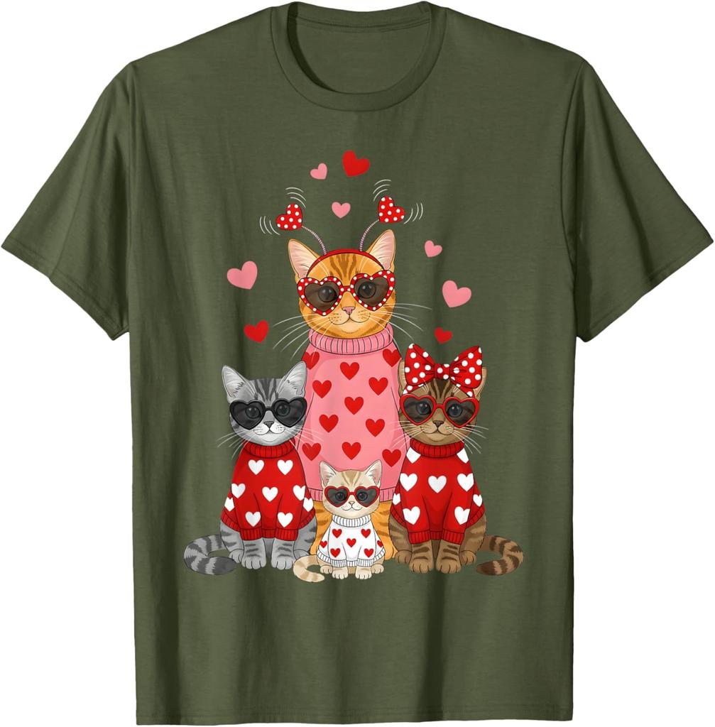 Lustiges Valentinstag Katzen Familie Grafik T-Shirt Niedliche Kätzchen Liebhaber Rundhals T-Shirt