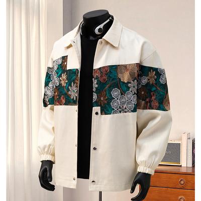 Pánská bundička meruňková patchwork Pánská ležérní bunda se srolovaným límcem Pánská volná bunda Hip Hop Pánská bunda s vintage květinovou výšivkou
