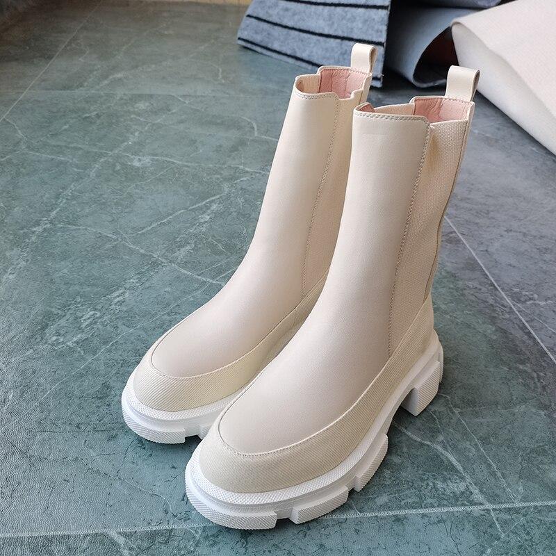 Dámské Béžová Černá Střední kozačky Jaro Podzim Přírodní kůže Hovězí kůže Šití Chelsea Boots Boty