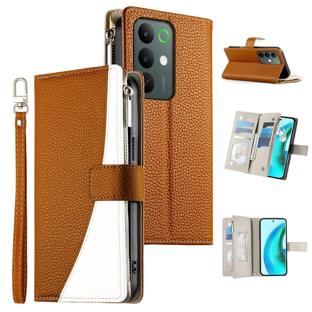 For Realme C85 5G Case Zipper Wallet Color Splicing Leather Flip Phone Cover with Straps