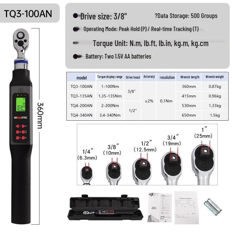 High-Precision Digital Torque Wrench, 0.06-340Nm, Adjustable, with Electronic Display