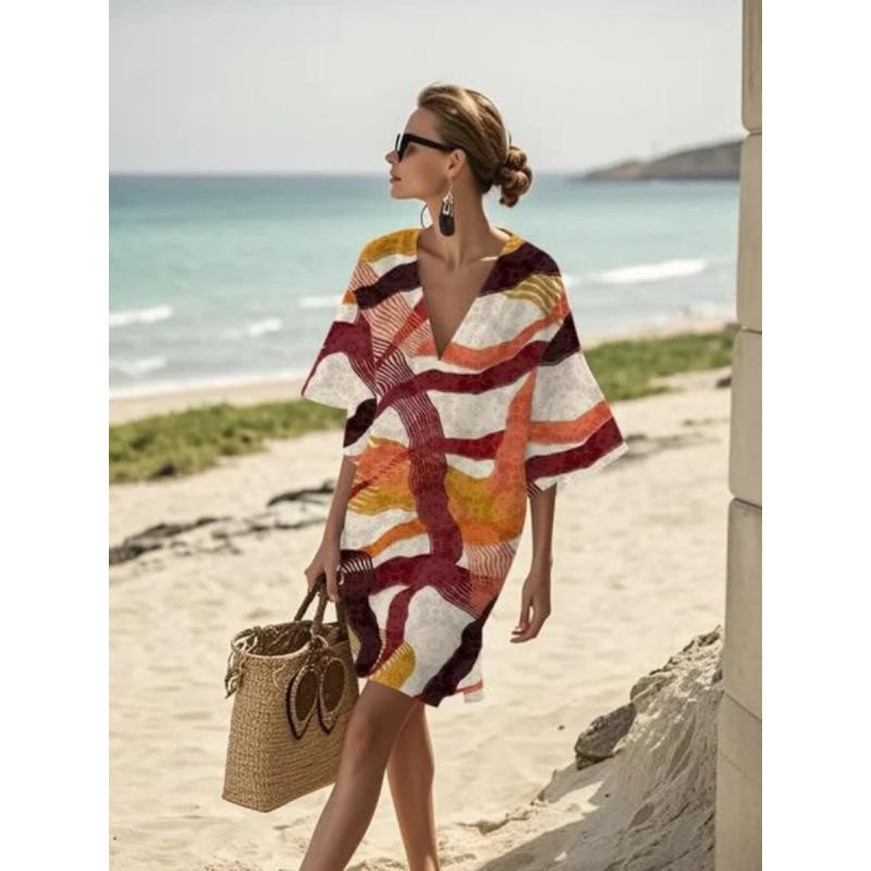 2026 summer European and American new loose printing V-neck women's casual vacation dress