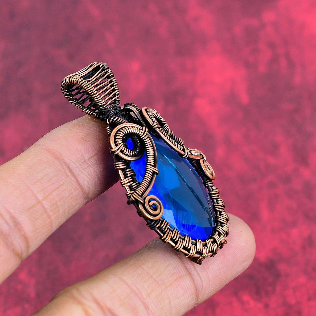 Facettierter London Blue Topas Anhänger Kupferdraht umwickelter Anhänger Edelstein Schmuck Handgefertigter Kupferschmuck Neuestes Design Anhänger Geschenke für Frauen