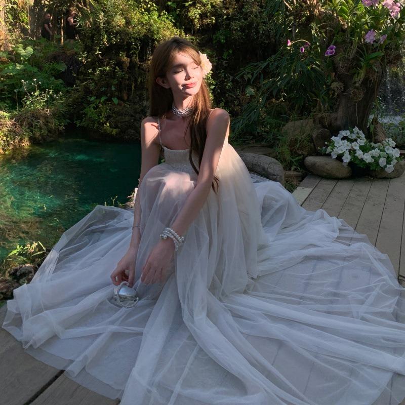 Holiday Fairy Light Luxury Mesh Suspender Dress Women's Summer New Daughter Feeling White Temperament Sleeveless Long Dress