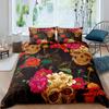 Sugar Skull Duvet Cover Set King Size Poppy Rose Bedding Set3D Floral Skull Comforter Cover Set Black Red Skeleton Bedspreads