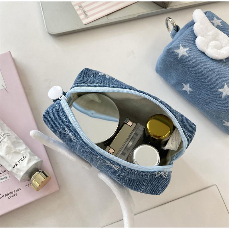 New Winged Coin Purse Mini Color Block Storage Card Pack Stylish Star Bow Decorati Earphe Bag Portable Student Denim Handbag