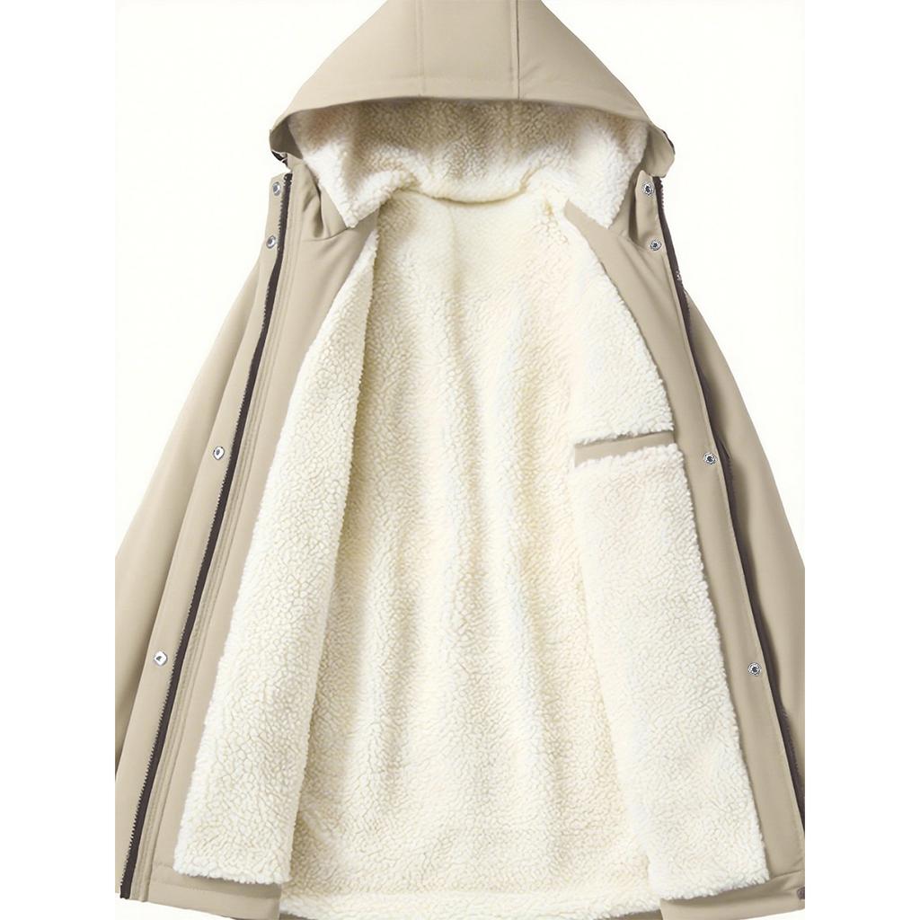 Women's Plush Jacket, Casual Solid Color Hooded Drawstring Jacket