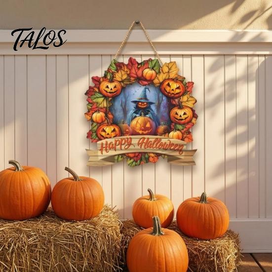 Easy Install Halloween Sign Wooden Hanging Decor Sign, Spooky Black Cat Pumpkin Witch Ghost Ornaments Window Decoration with Jute Rope, Festive