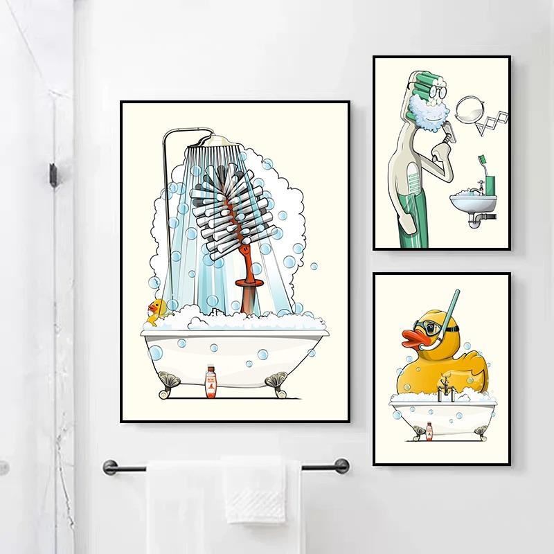 Cartoon In The Bathroom Posters Wall Art Canvas Paintings And Prints HD Pictures For Washroom Room Home Decor Frameless Gifts