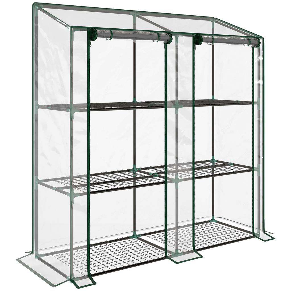 Mini Garden Greenhouse, 3-Tier, Plastic Cover, 2 Roll-Up Doors, 6 Shelves, 143 X 46 X 141/151 Cm