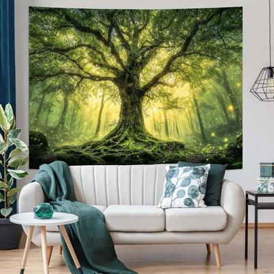 Green Tree Of Life Tapestry Fantasy Fairy Forest Wall Tapestry For Bedroom Aesthetic Nature Misty Woodland Small Tapestries