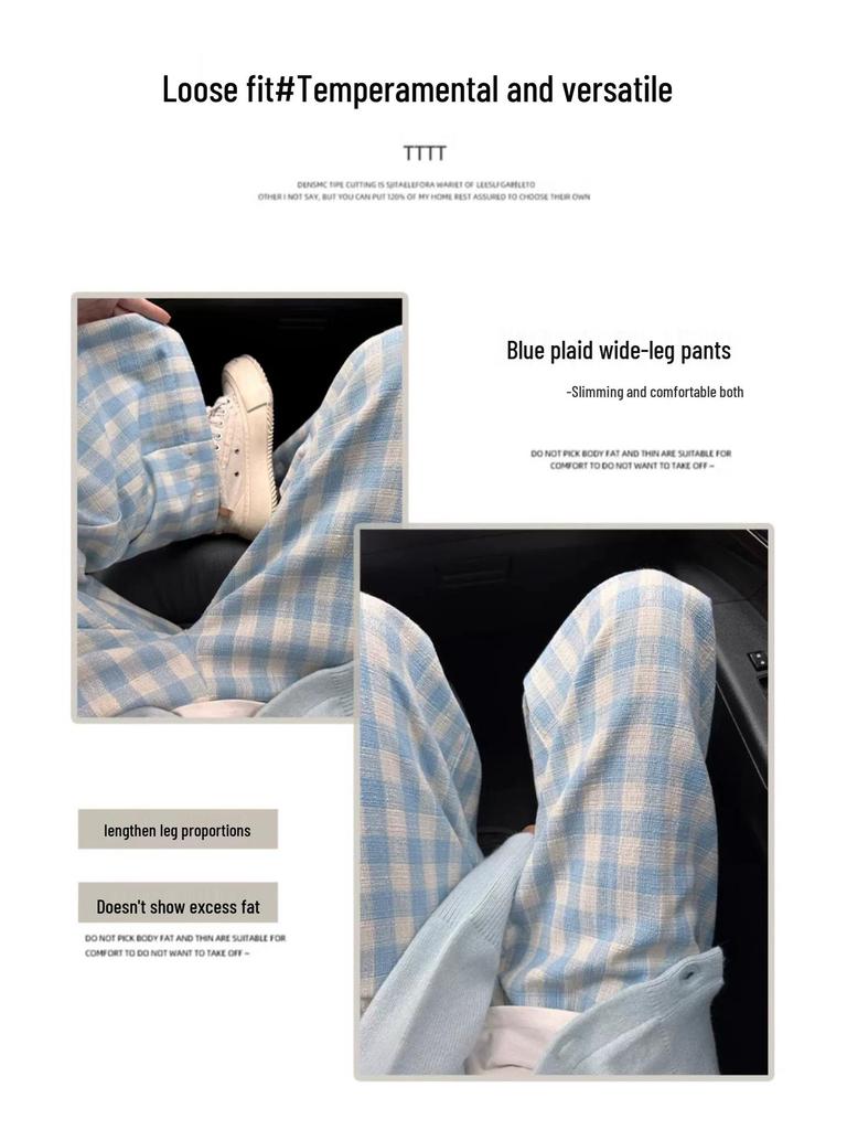 Petite Women’s Dopamine Blue Plaid High-Waist Casual Wide-Leg Pants, Floor-Length Straight Cut for Summer