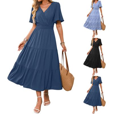 Women’s Short Sleeve V Neck Tiered Maxi Dress with Elastic Waist and Flowy Skirt for Casual or Daily Wear