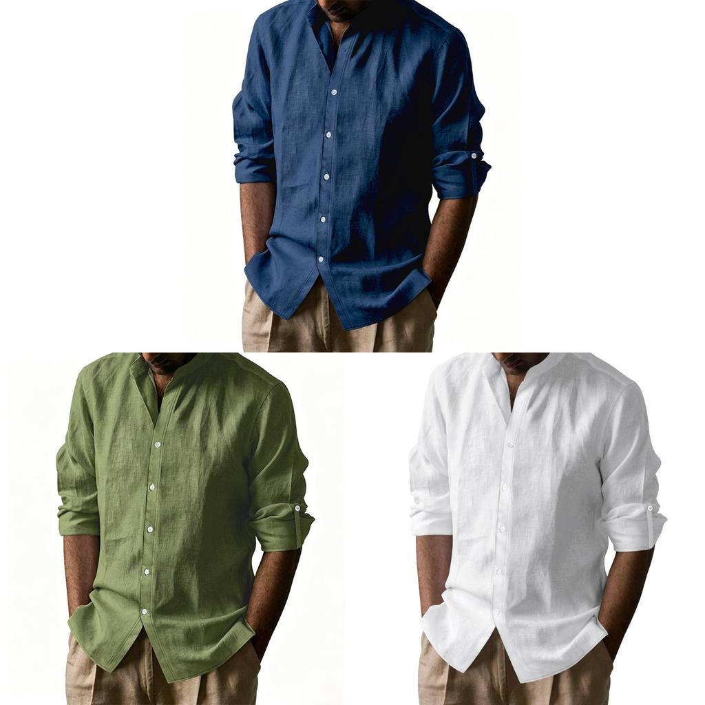 Camicia Casual da Uomo in Lino e Cotone a Manica Lunga con Collo Henley Traspirante per l'Estate