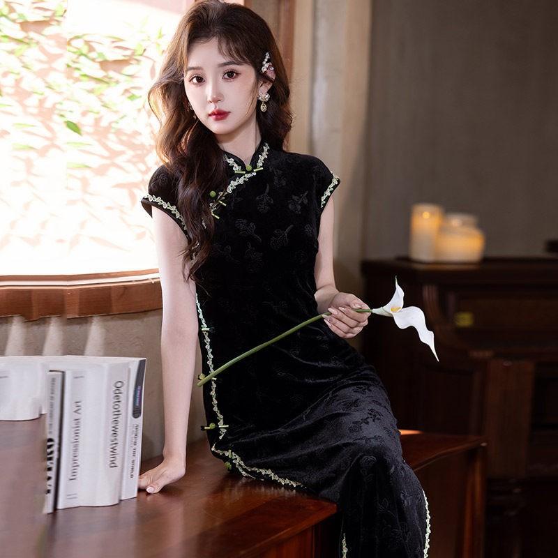 Black Velvet Sleeveless Long Cheongsam Dress 2026 Womens Elegant Modern Chinese Style Evening Gown