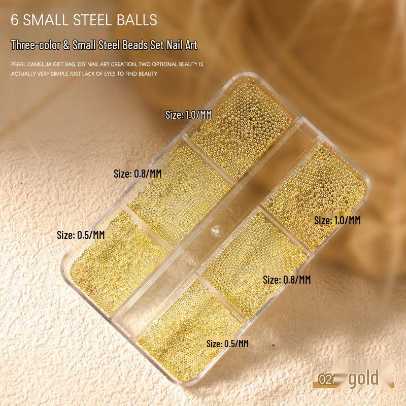 Nail Art Mini Steel Beads - Gold, Silver, Black in 6-Compartment Box for Nail Decoration