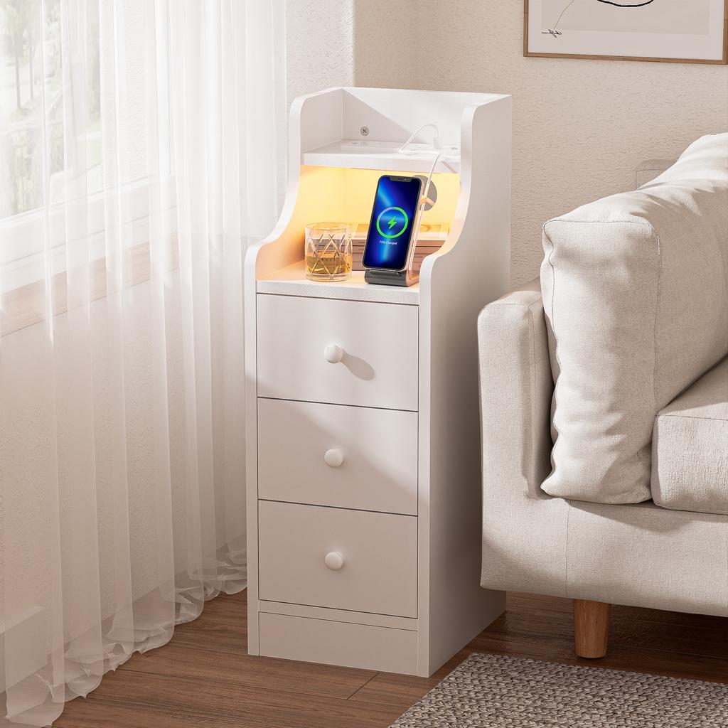 Wood Bedside Table 3 Drawers Adjustable Brightness With Charging Station 2AC/2USB Space Saving Side Cabinet Desk Nightstands