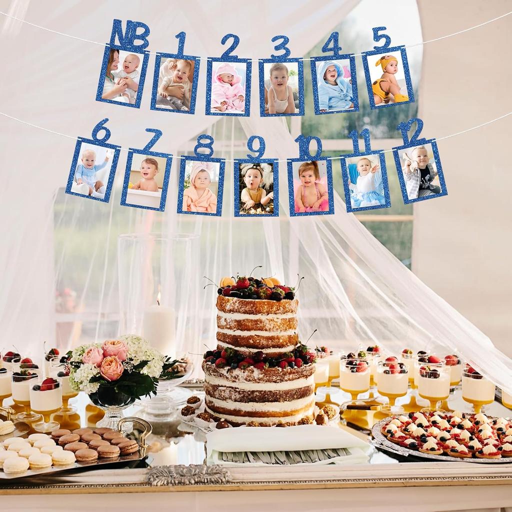 1st Birthday Photo Banner Boys Newborn to 12 Months Birthday Paper Photo Frame Monthly Milestone Bunting Decorations Baby 1st Bday Picture Banner