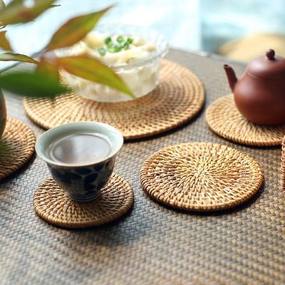 6pcs 8cm Heat Insulation Pads, Hand Woven Kung Fu Tea Set, Beverage Coaster Set, Round Tableware, Placemat Set, Straight