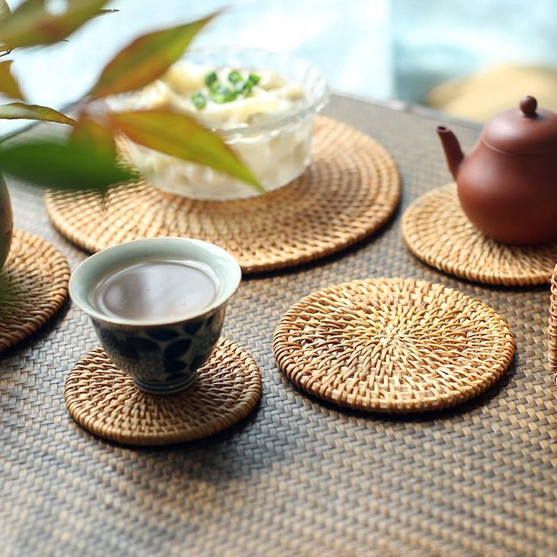 6pcs 8cm Heat Insulation Pads, Hand Woven Kung Fu Tea Set, Beverage Coaster Set, Round Tableware, Placemat Set, Straight