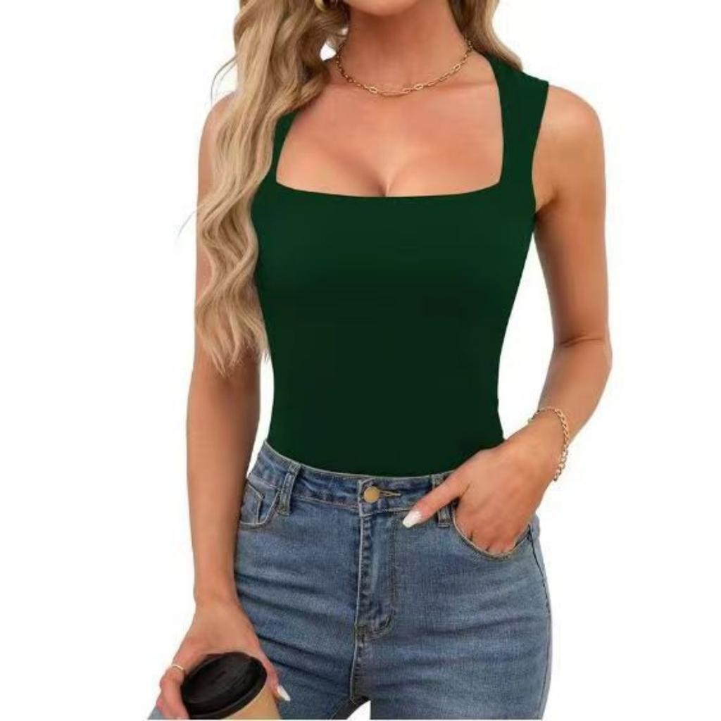 New Summer Women's Square Neck Sleeveless Double Layer Basic Slim Fit Tank Top Black