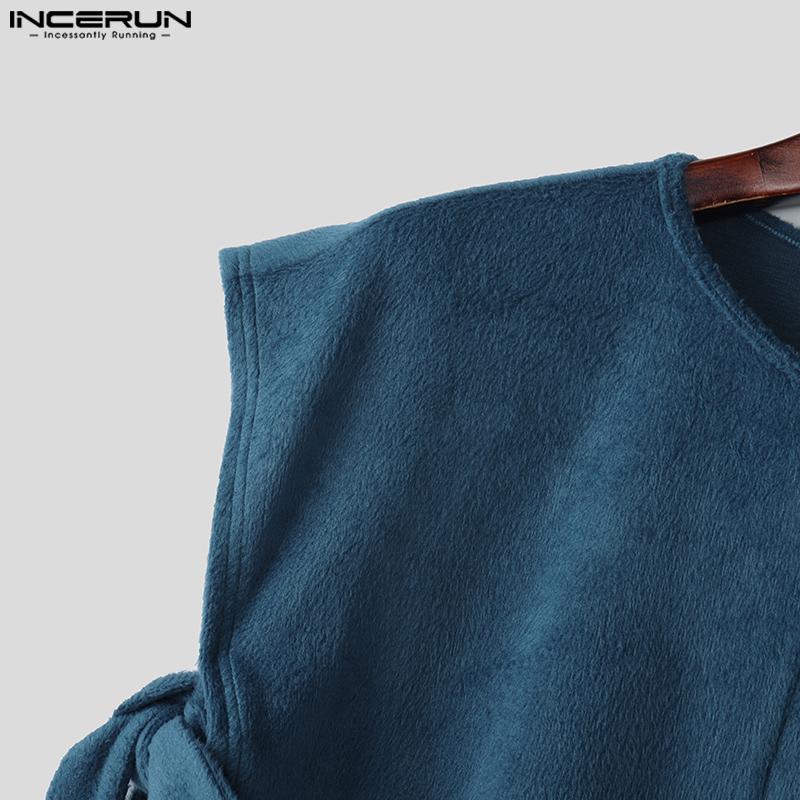 INCERUN Summer Men Sleeveless Side Lace Up Furry Tank Tops Crop Vest