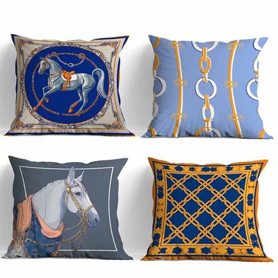 Horse Patterned Cushions Blue Yellow Chain Design Polyester Pillowcase, Sofa Decorative Cushion Cov Headboard Pillow