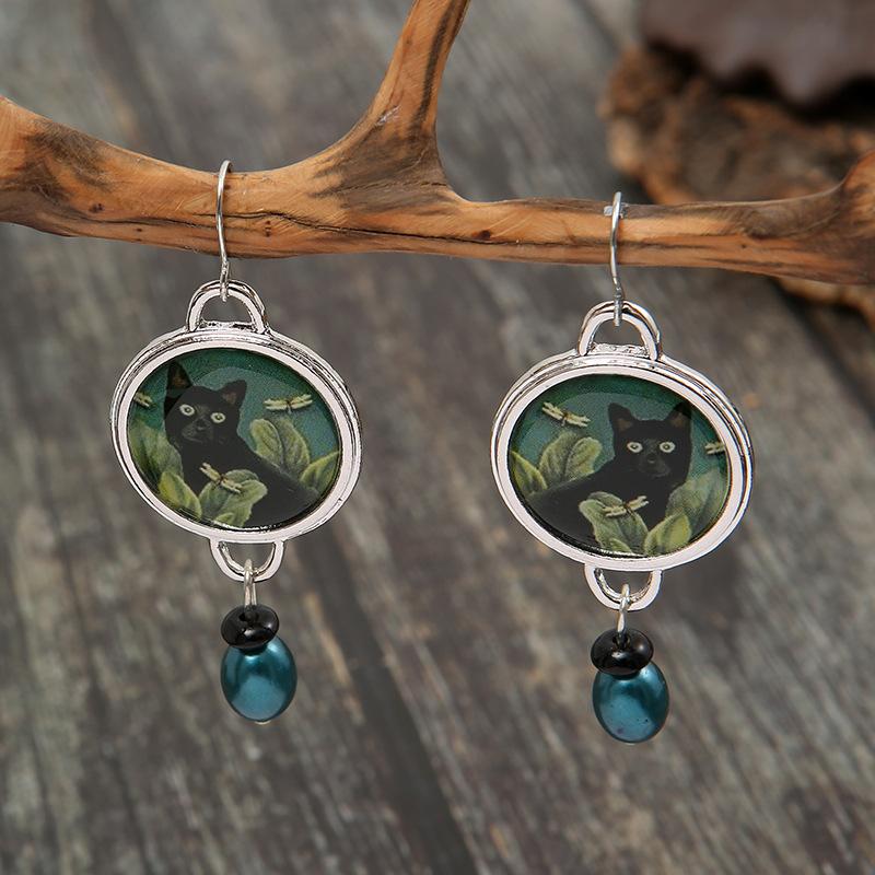 Vintage Round Black Cat Earrings for Women Ethnic Antique copper Color Painting Green Leaves Blauwe Parel Dangle Earrings