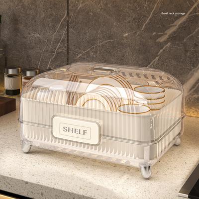 Kitchen Drain Rack, Large-capacity Dishware Storage Box, Dust-proof with Cover, Countertop Tableware Storage and Organization