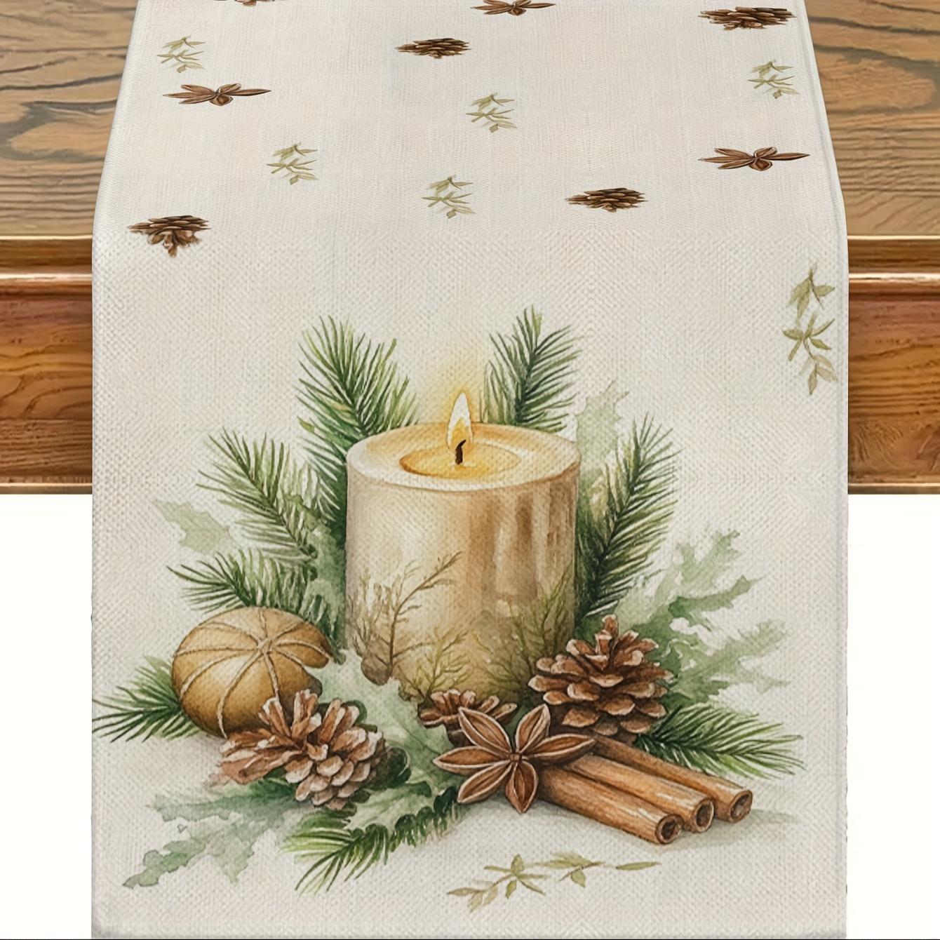 

1 штука Рождественская теплая скатерть-дорожка-подсвечник, основа для свечей, расписанная свечами, ветки сосны, сосновые шишки, узоры со специями, подходит для Рождества 33X90Cm