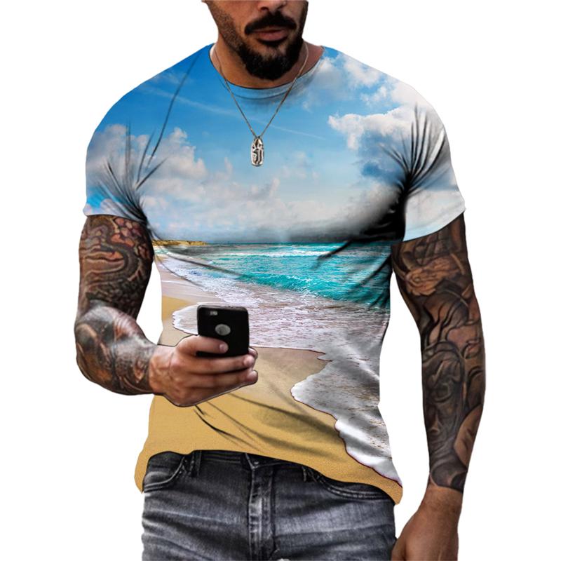 Sommersollys Havbølge Sand Casual Stil grafiske t-skjorter Mote Nye Menn Fritid Trykket Rund Hals Kortermet T-skjorter Topper