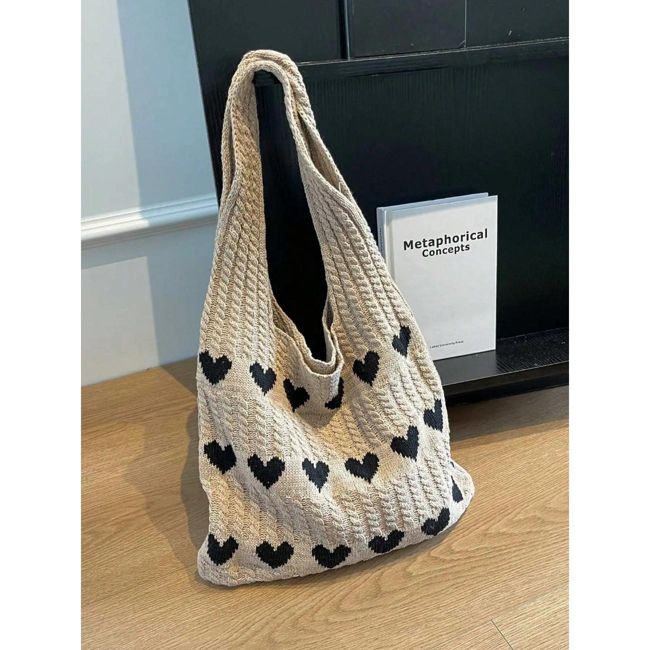 

1 шт., вязанная крючком сумка с узором в виде сердца и цветными блоками, сумка на плечо, большая вместимость, модная пляжная сумка, универсальная сумка для поездок на работу, большая сумка