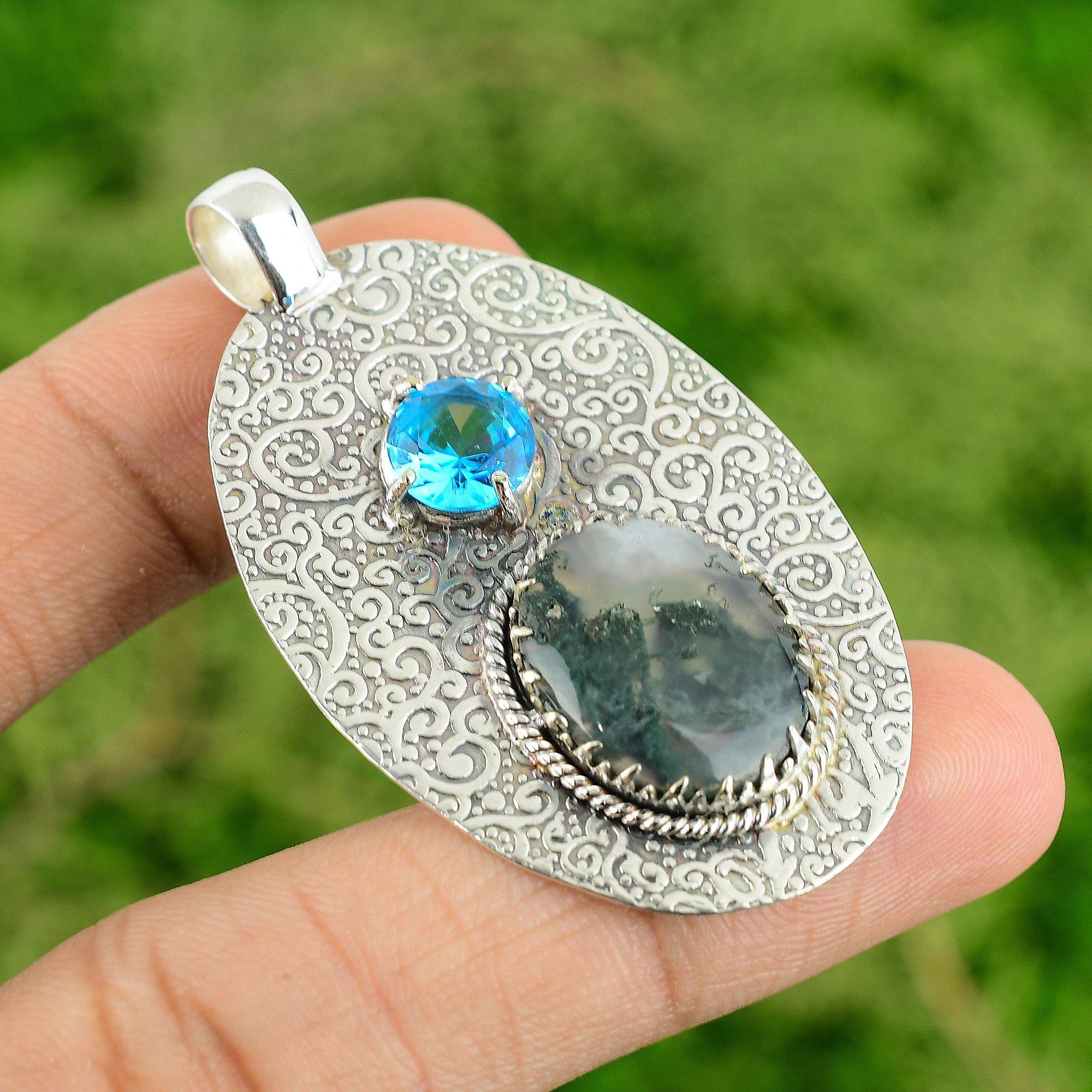 

Подвеска из стерлингового серебра 925 пробы с натуральным солнечным моховым агатом и швейцарским голубым топазом