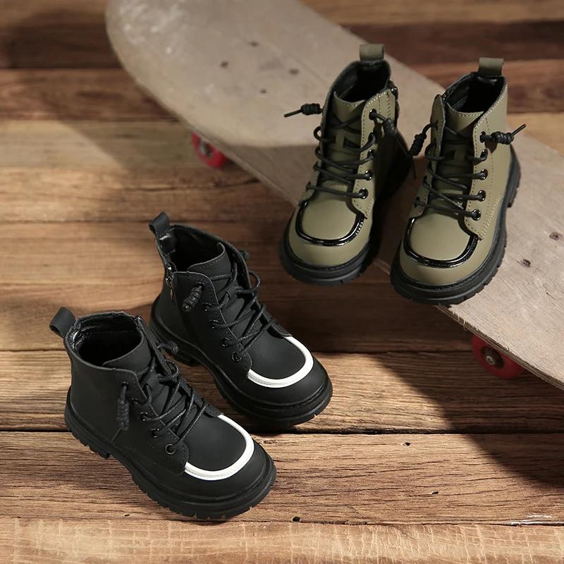 2024 Children Fashion Boots for Girls Boys Autumn Winter New Korean Style Soft Bottom Anti-slippery Versatile Plush Leather Shoe