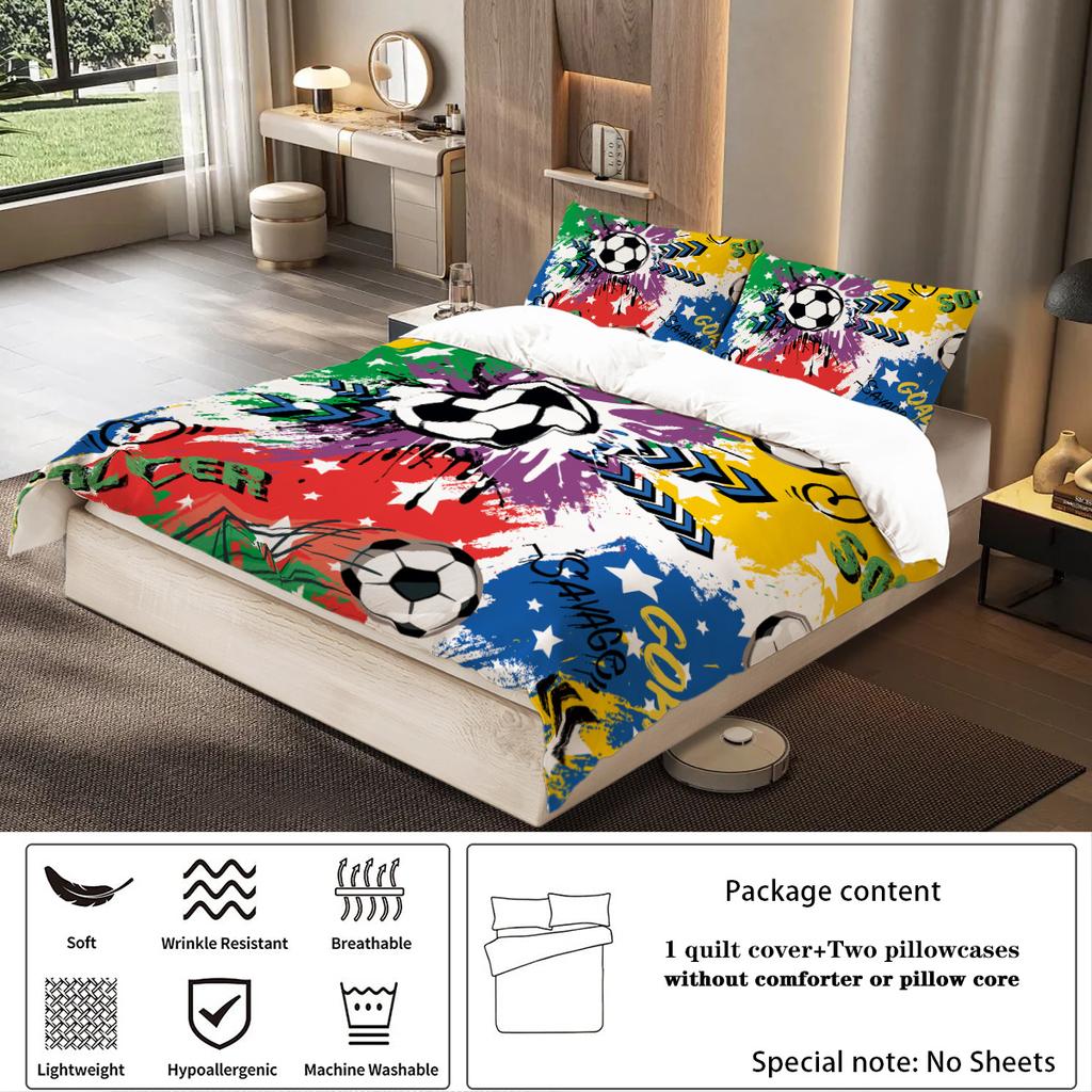 3-piece set, colorful football pattern printed duvet set, queen, king, double bed, party funny and creative bedding set