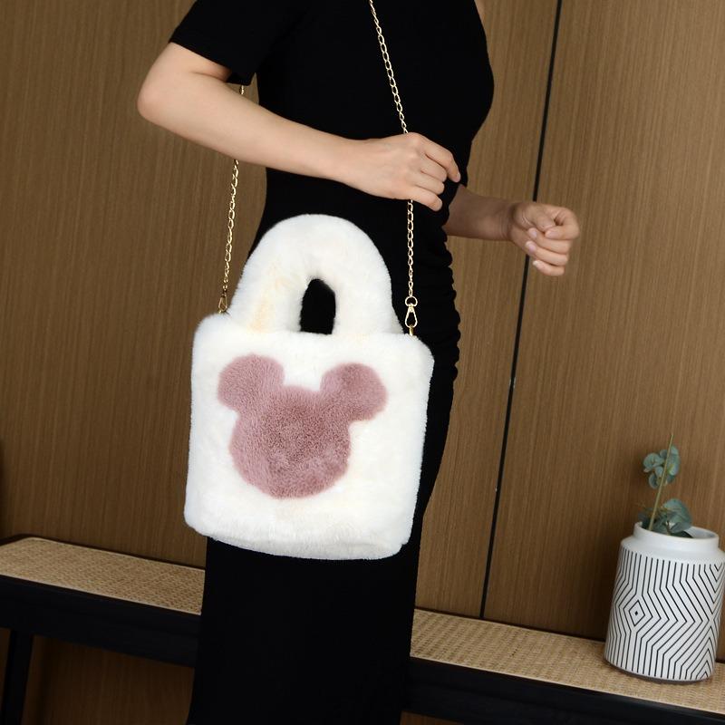 Mickey Head Handheld Women's Bag Large Capacity Autumn and Winter Plush Bag One Shoulder Handbag Versatile Plush Bag Chain