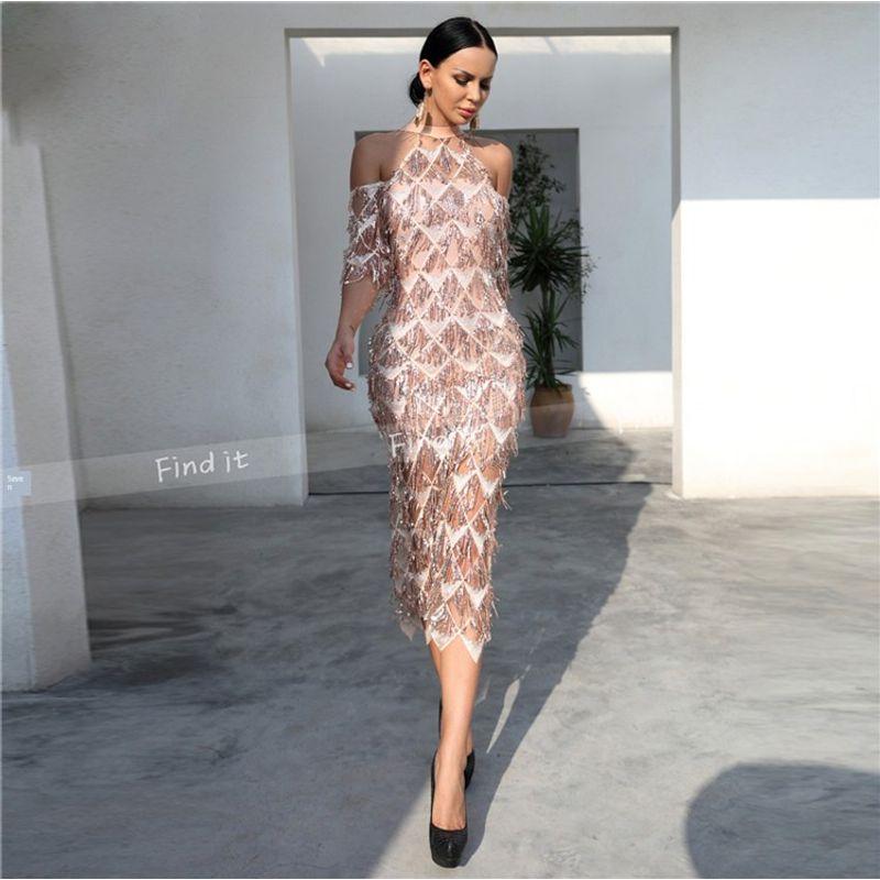 

2 цвета в наличии ~ Легкое вечернее платье Платье Европейское и американское С высокой талией Приталенное Вечеринка Пайетки Кисточки Лоскутная работа С открытыми плечами Миди-платье Pink S