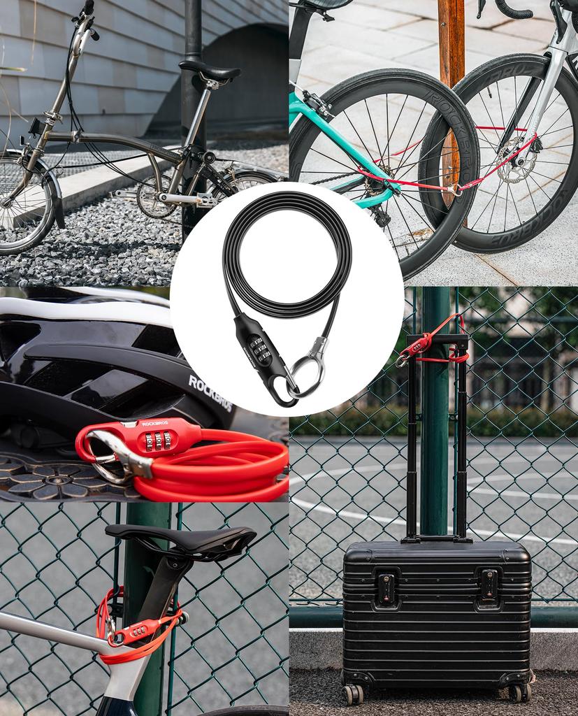 ROCKBROS Bicycle Lock Wire Lock 3-Digit Dial Combination No Key Required 150cm Earth Lock Password Change Lightweight Compact Black