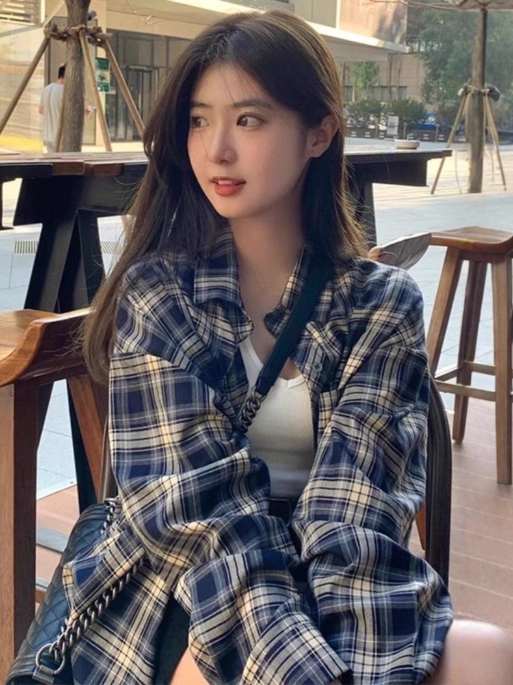 Women's Plaid Grid Long Sleeve Cardigan - Thin, Retro, Loose Fit for Spring/Summer